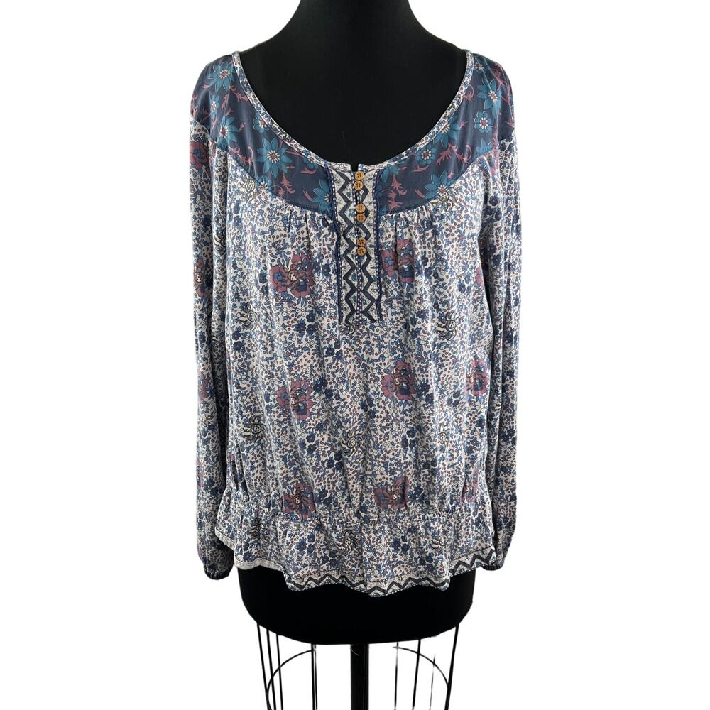 Vintage LUCKY Brand Blouse Cotton Rose Floral Scoop Neck Ruffle Hem Size XL